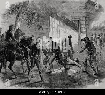 L'assassinat de John Wilkes Booth, l'assassin mort tirées de la grange où il avait trouvé refuge, sur Garrett's Farm, près de Port Royal, en Virginie, le 26 avril, 1865 Banque D'Images