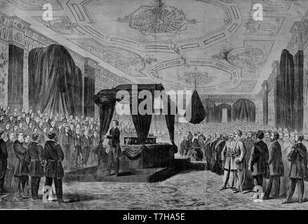 Les services funéraires, sur les traces du président Abraham Lincoln, comme elles pondent dans la région dans l'East Room de la Maison Blanche, le 19 avril, 1865 Banque D'Images