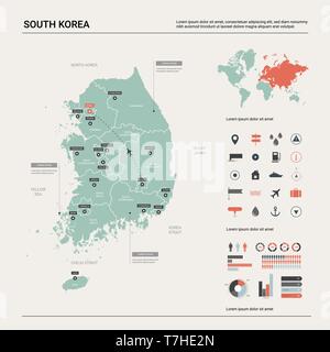 Carte vectorielle de la Corée du Sud. Carte pays très détaillés avec division, villes et capitale Séoul. Une carte politique, carte du monde, les éléments de l'infographie. Illustration de Vecteur