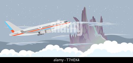 Voler un avion dans le ciel de nuit près d'une montagne et nuages vector illustration design plat bannière. Illustration de Vecteur