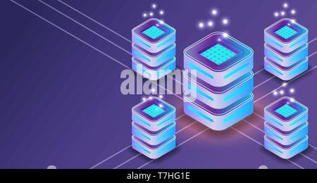 3D isométrique du serveur de communication connexion de données. Service de mise en réseau de base de données de bannière. vector illustration Illustration de Vecteur