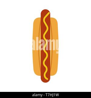 Dîner de hot-dog fastfood délicieux malsaine haut Afficher icône vecteur. Petit-déjeuner saucisse rouge alimentaire graphique avec sauce jaune. Illustration de Vecteur