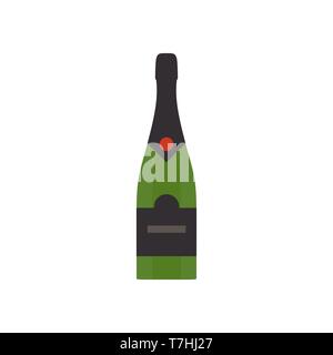 Bouteille de champagne boisson festive vert icône vecteur symbole de décoration. Message d'anniversaire liquide verre verre Illustration de Vecteur
