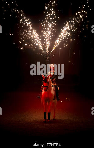 Cheval Espagnol pur, andalou. Au cours d'un artiste de spectacle équestre avec Fireworks Banque D'Images