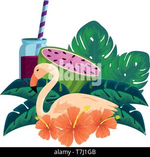 Le jus de pastèque avec pot et oiseaux flamand Illustration de Vecteur