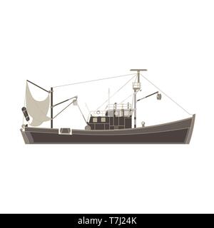 Bateau de pêche vecteur icône plate isolée. Navire cargo navire illustration Vue de côté. Capture noir contenant commercial conception de croisière. Bateau mer industriels Illustration de Vecteur