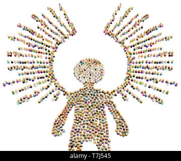 Foule de petites figures symboliques faisant grande forme personne avec de grandes ailes, 3d illustration, horizontal, isolé, over white Banque D'Images