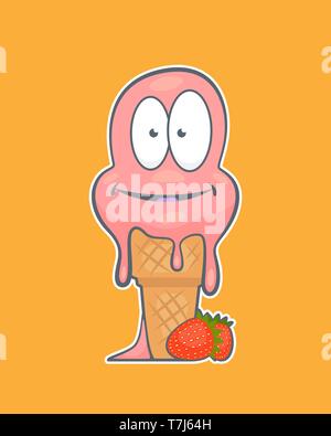 Personnage mignon de glace à la fraise avec de grands yeux et regarda un couple de fraises il est en train de fondre et de sourire. Illustration de Vecteur