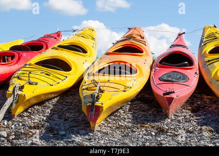 Rangées de kayaks tiré sur une plage de galets après un jours de canotage Banque D'Images