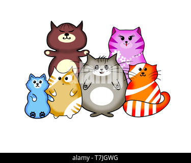 Kawaii Cute Cats multicolores. Isolé sur un fond blanc. Banque D'Images