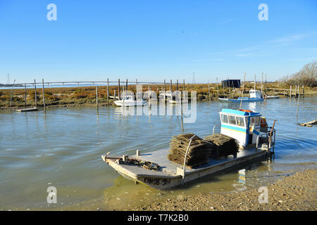 France, Charente Maritime, Saintonge, Marennes, le port ostréicole de la Cayenne sur l'estuaire de la Seudre, cabanes ostréicoles et Marennes channel Banque D'Images