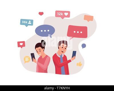 Cartoon smiling people using smartphones pour la communication virtuelle. Profils de comptes avec des amis aime les icônes de messages style plat. Social media concept. Isolated on white Illustration de Vecteur