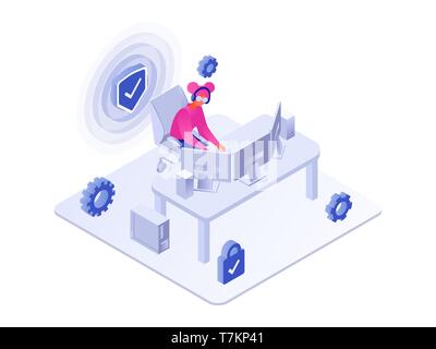 Concept de sécurité. Femme à l'aide de pc 3D isométrique vector illustration isolé sur fond blanc Illustration de Vecteur