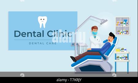 Patient avec dents en dentiste président vector illustration. Doctor examining homme étendu à la médecine dentaire fauteuil de bureau télévision style design. Mal de dent checkup d'examen. Concept de soins dentaires Illustration de Vecteur