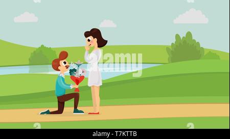 Homme debout sur la proposition de mariage du genou holding big bouquet dans le parc. Joli couple heureux vector illustration style plat Illustration de Vecteur