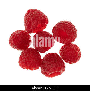 Vue aérienne d'un groupe de framboises rouges fraîchement cueillis isolé sur un fond blanc. Banque D'Images