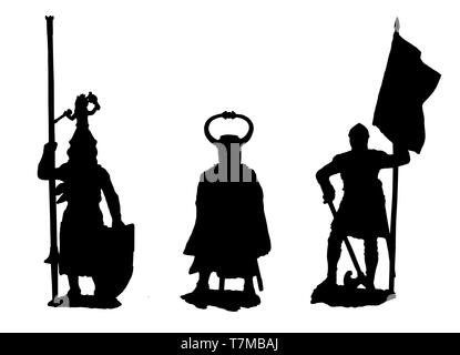 Médiéval illustration. Lot de 3 chevaliers. Silhouette en noir et blanc. Banque D'Images