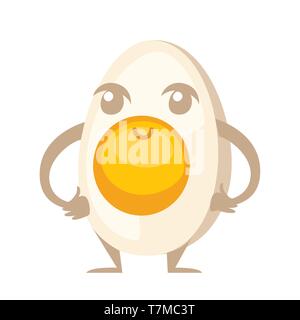 Oeuf dur Mascot. Avec l'oeuf jaune. Cartoon character design. Télévision vector illustration isolé sur fond blanc. Illustration de Vecteur