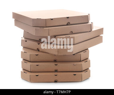 Boîtes à pizza en carton sur fond blanc Banque D'Images