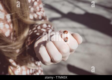 Printemps - une petite fille tient dans la paume de coccinelles Banque D'Images