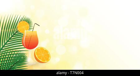 Design rafraîchissant l'été. Cocktail entre feuilles de palmier au soleil, avec de la paille noire. Tranche d'Orange sur le bord du verre. En plus de fruits e Illustration de Vecteur