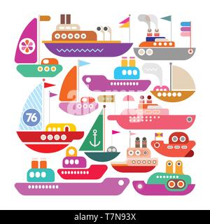 Les icônes colorées isolé sur fond blanc, navires, yachts et bateaux de conception de scénario. Illustration de Vecteur