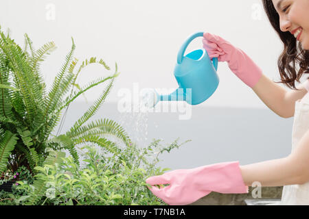 Jeune femme l'arrosage des plantes dans le jardin de la ferme Banque D'Images