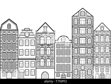 Frontière perméable avec contour contour maisons, paysage urbain, dessin en noir et blanc, la silhouette, la couleur de fond de la ville. Maison de brique Européenne en ligne Illustration de Vecteur