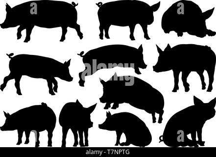 Pig Farm Animal Silhouettes Set Illustration de Vecteur