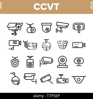 Caméras de surveillance CCTV, Icônes linéaire Vector Set. Système de sécurité CCTV, Fine Ligne Illustrations Collection. Accueil l'équipement de sécurité. Mur, plafond sur Illustration de Vecteur