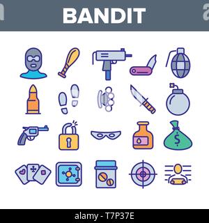 Les actes criminels, Bandit fine ligne Icons Set. Crimes Bandit Illustrations linéaire Collection. Le vol, d'abus, de meurtre, effraction Symboles Contour. Le terrorisme, G Illustration de Vecteur