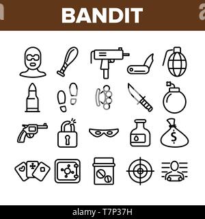 Les actes criminels, Bandit fine ligne Icons Set. Crimes Bandit Illustrations linéaire Collection. Le vol, d'abus, de meurtre, effraction Symboles Contour. Le terrorisme, G Illustration de Vecteur