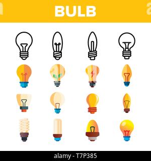 Télévision Ampoules et icônes linéaire Vector Set. L'économie d'énergie, l'efficacité et les ampoules classiques Collection d'illustrations. Idée, l'innovation, Electricit Illustration de Vecteur