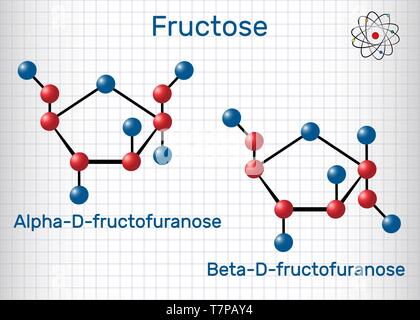 Le fructose, alpha-D-fructofuranose, bêta-D-fructofuranose molécule. La forme cyclique. Formule chimique structurale et molécule modèle. Feuille de papier dans une cag Illustration de Vecteur