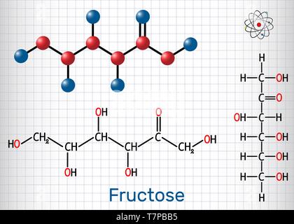 Le fructose, le D-fructose molécule. Forme linéaire. Formule chimique structurale et molécule modèle. Feuille de papier dans une cage.Vector illustration Illustration de Vecteur