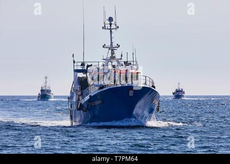 La France, Finistère, Le Guilvinec, les bateaux de pêche Retour de pêche dans la soirée Banque D'Images