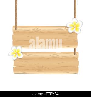 Blank hanging wooden sign avec fleurs de frangipanier isolé sur fond blanc vector illustration EPS10 Illustration de Vecteur