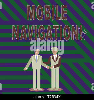 L'écriture de texte de l'écriture Navigation Mobile. Interface utilisateur graphique photo conceptuel utilisé pour aider le conducteur du véhicule deux Businessmen Standing, Smiling Banque D'Images