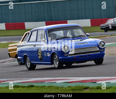 Ambrogio Perfetti, Oscar Rovelli, Ford Cortina Lotus Mk1, DRHC Coys Trophy, voitures de tourisme de 1958 à 1966, Donington Festival historique, mai 2019, moteur ra Banque D'Images