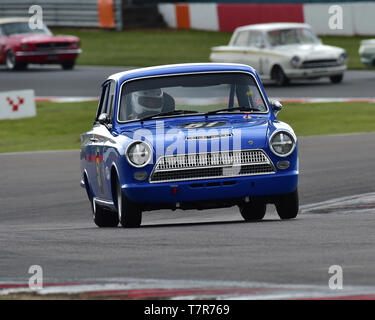 Ambrogio Perfetti, Oscar Rovelli, Ford Cortina Lotus Mk1, DRHC Coys Trophy, voitures de tourisme de 1958 à 1966, Donington Festival historique, mai 2019, moteur ra Banque D'Images