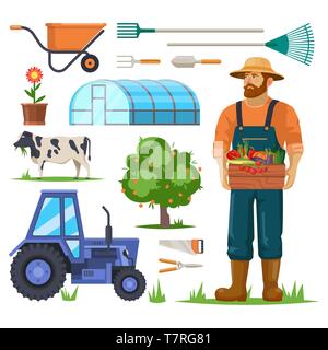 Ferme ou d'articles de jardin et fermier avec la récolte. Illustration de Vecteur
