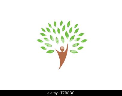 Tronc de l'arbre avec la tête et le logo vert feuilles Illustration de Vecteur
