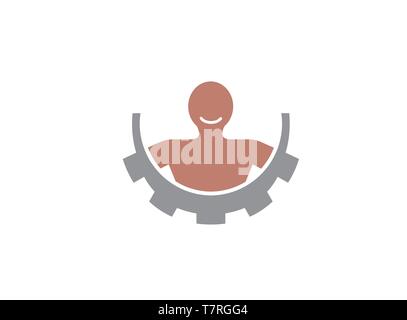 Engrenage corps pignon avec le visage sourire logo vecteur design icône, symbole d'artisanat isolé, un artisan sur un fond blanc illustration Illustration de Vecteur
