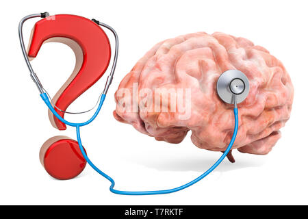 Cerveau humain avec un point d'interrogation et stéthoscope. Le diagnostic et le traitement des maladies du cerveau, concept. Le rendu 3D isolé sur fond blanc Banque D'Images