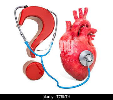 Coeur de l'homme avec un point d'interrogation et stéthoscope. Diagnostic et traitement des maladies du coeur, concept. Le rendu 3D isolé sur fond blanc Banque D'Images