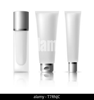 Ensemble de tubes modèle pour les cosmétiques, crème ou onguent médical. Vecteur réaliste immersive isolé sur fond blanc. Plastique transparent et verre dépoli. Illustration de Vecteur