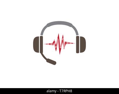 Écouteurs avec microphone et coeur bat pour logo Illustration de Vecteur