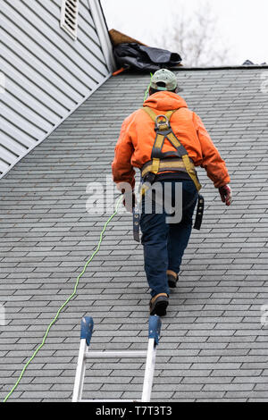 Chambre avec couleur gris maison et de la construction de l'homme uniformes orange marche sur des bardeaux de toiture et l'échelle au cours de la réparation Banque D'Images