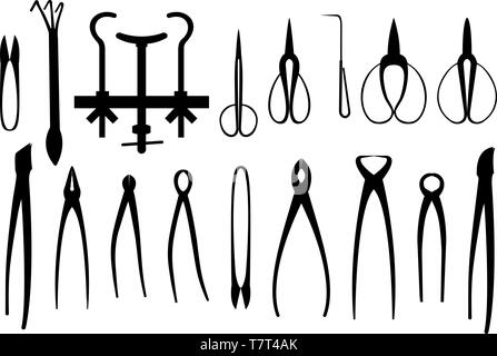 Vector illustration de silhouettes noires assorties d'outils de jardinage en forme de Bonsai Illustration de Vecteur