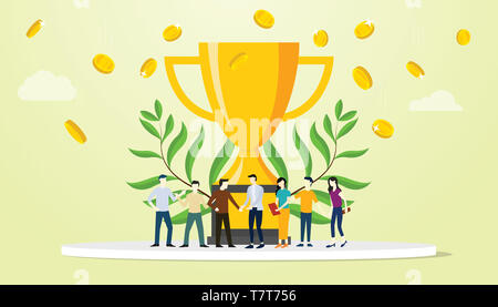 Les gens de l'équipe des affaires avec succès big golden trophy et une télévision moderne style avec fond vert - vector illustration Banque D'Images